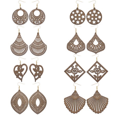Bocar 8pairs/set Bohemian Vintage Wooden Hollow Out Flower Pattern Pendant Earrings For Women