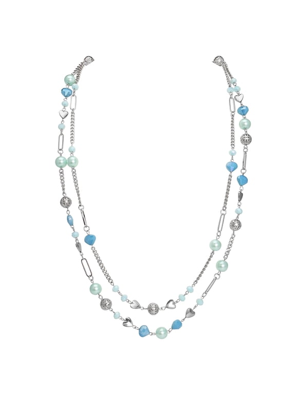 Beaded Necklace, 2 Layer Long Link Chain Necklace Crystal Beads for Women, Choker Jewelry Gift(NK_10689_Aqua_Blue)