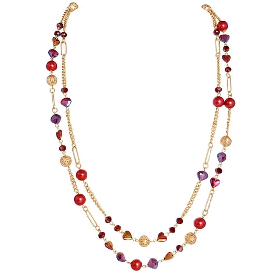 Bocar Beaded Necklace, 2 Layer Long Link Chain Necklace Crystal Beads for Women, Choker Jewelry Gift(NK_10689_Red)