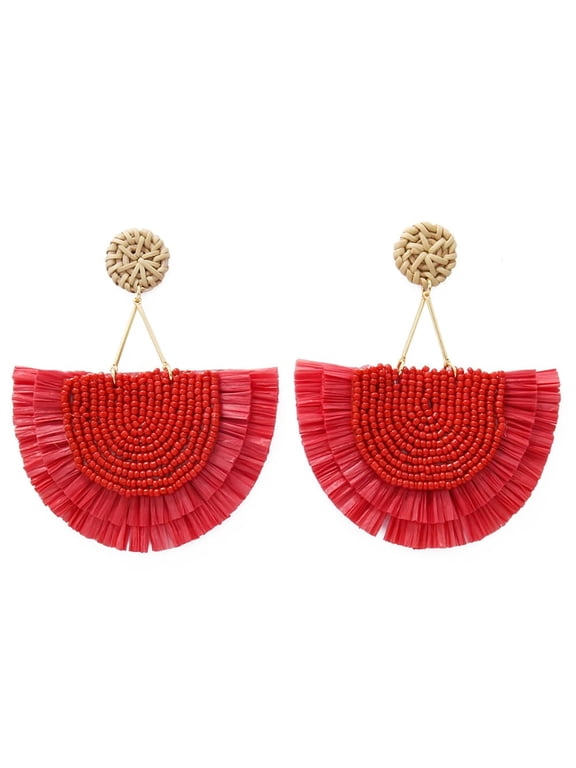 Bohemia Beaded Fringe Statement Earrings with Long Dangling Tassel Raffia Earrings for Women(ER1183-Big Red)