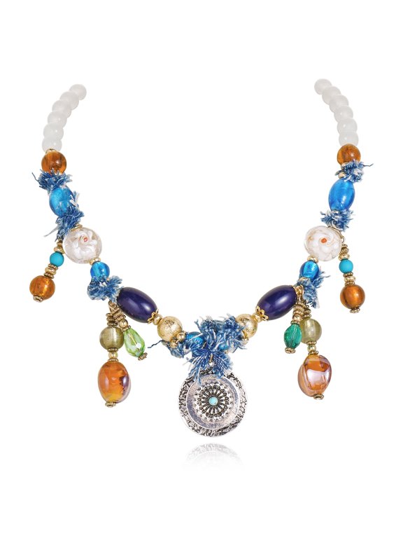 Bohemian Beaded Statement Necklace for Women - Vintage Multicolor Glass Beads with Denim Tassel & Ethnic Pendant, Adjustable Chain, Boho Layered Jewelry for for Casual Wear