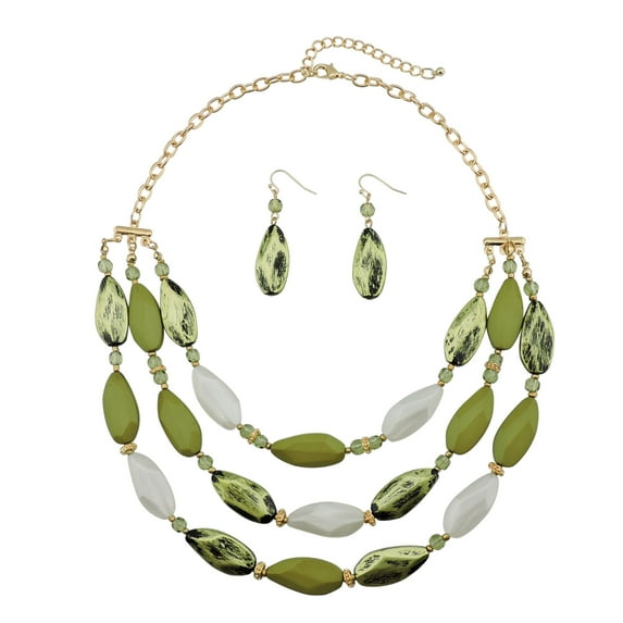 Bocar Bohemian Triple Strand Layered Beaded Statement Necklace and Earring Set for Women, Fashion Jewelry with Acrylic and Glass Beads(NK-10077-army green)