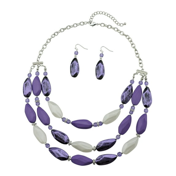 Bocar Bohemian Triple Strand Layered Beaded Statement Necklace and Earring Set for Women, Fashion Jewelry with Acrylic and Glass Beads(NK-10077-purple)