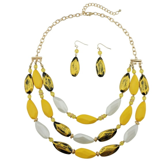 Bocar Bohemian Triple Strand Layered Beaded Statement Necklace and Earring Set for Women, Fashion Jewelry with Acrylic and Glass Beads(NK-10077-yellow)