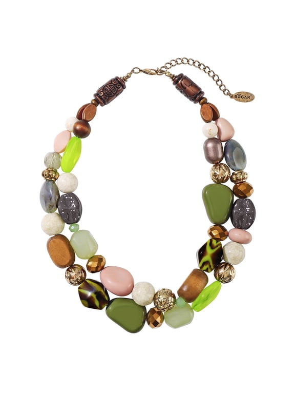 Boho Chunky Beaded 2-Layer Statement Collar Necklace for Women, 18" Adjustable