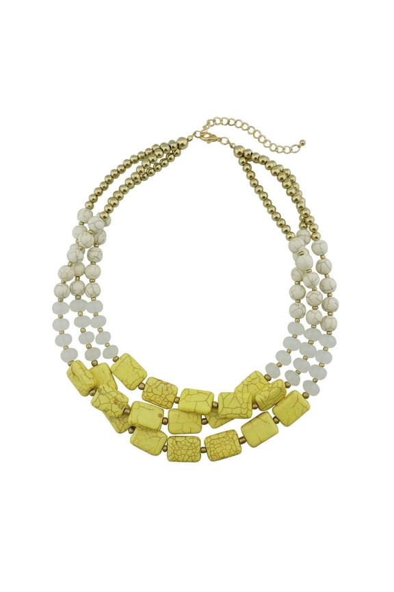 Boho Statement 3 Strand Faux Turquoise Colorful Chunky Beaded Collar Necklace for Women Gifts, 21in, Beige, Yellow