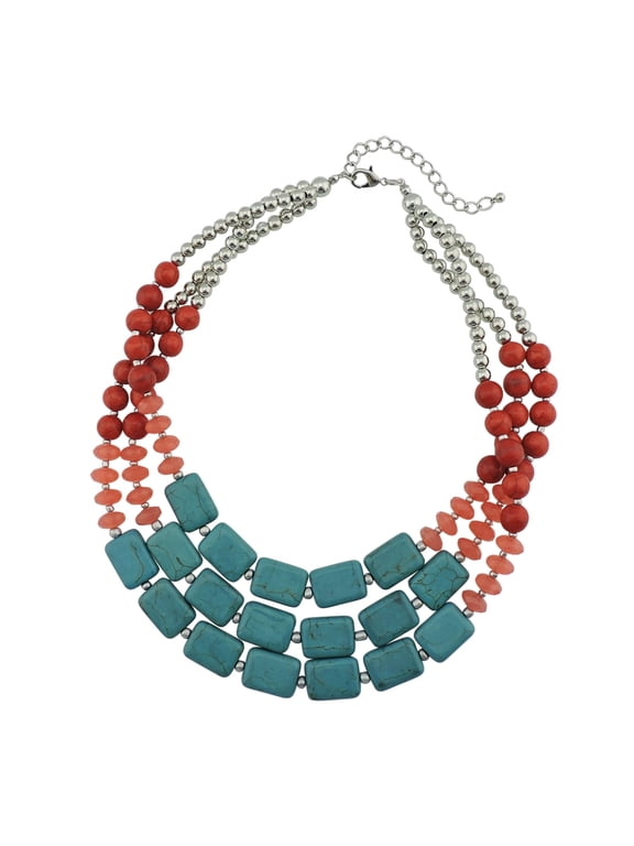 Boho Statement 3-Strand Colorful Chunky Beaded Collar Necklace for Women, 21"