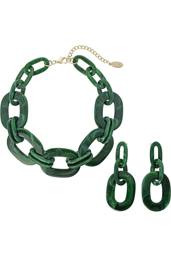 Acrylic Chunky Statement Necklace for Women Cube Link Chain Collar Necklace and Hoop Earrings Costome Jewelry Set(NK-10667-Deep Green)