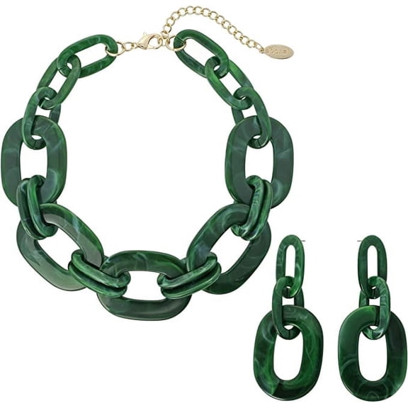 Bocar Acrylic Chunky Statement Necklace for Women Cube Link Chain Collar Necklace and Hoop Earrings Costome Jewelry Set(NK-10667-Deep Green)