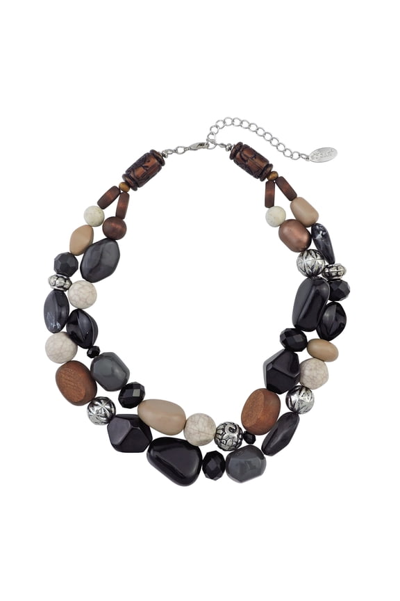 Boho Chunky Beaded 2 Layer Statement Necklace, 18" Adjustable Bead Necklace Collar Necklace for Women Daily Party Jewelry (NK_10384_Black)