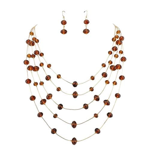 Bocar Fashion 3 Layer Handmade Beads Necklace Earring Set Long Illusion Necklace for Women