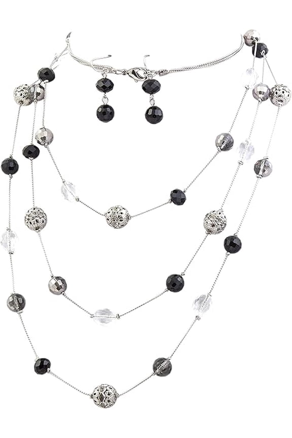 Fashion 3 Layer Handmade Beads Necklace Earring Set Long Illusion Necklace for Women