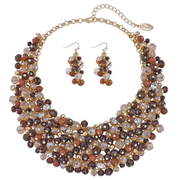 Bocar Fashion Crystal Stone Beads Chunky Collar Statement Jewelry Set, with Earrings, for Women, Brown, 19 inches (NK-10260-Amber Brown)