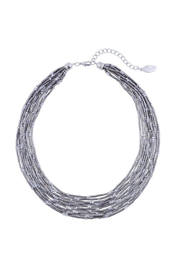 Glass Bead Multi-Strand Layered Handmade Statement Collar Bib Crystal Necklace(NK_10663_silver_grey)