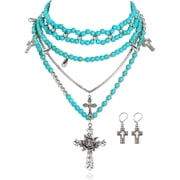 Bocar Gothic Cross Layered Pearl Necklace Chunky Statement Stacked Necklace Y2K Silver Layered Necklace for Women NK-10769