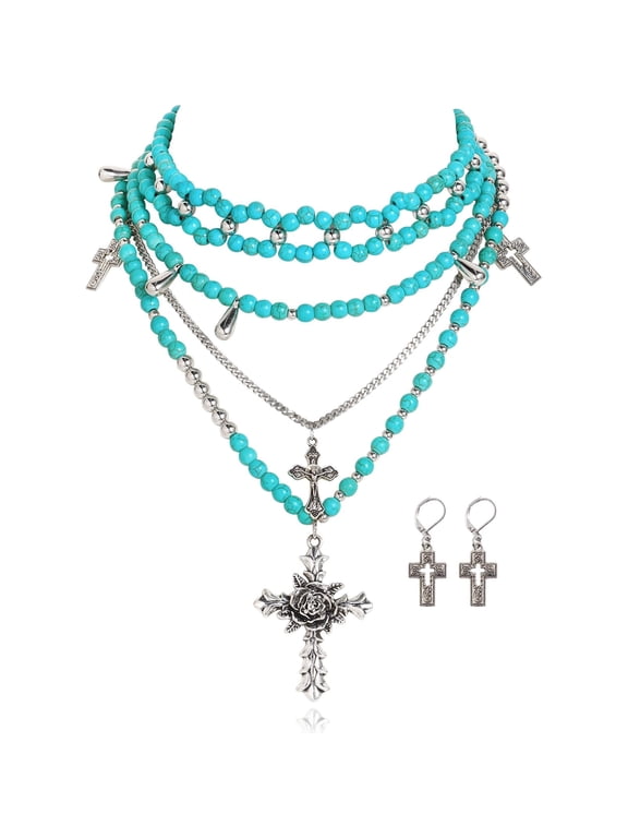 Gothic Cross Layered Pearl Necklace Chunky Statement Stacked Necklace Y2K Silver Layered Necklace for Women (NK-10769)