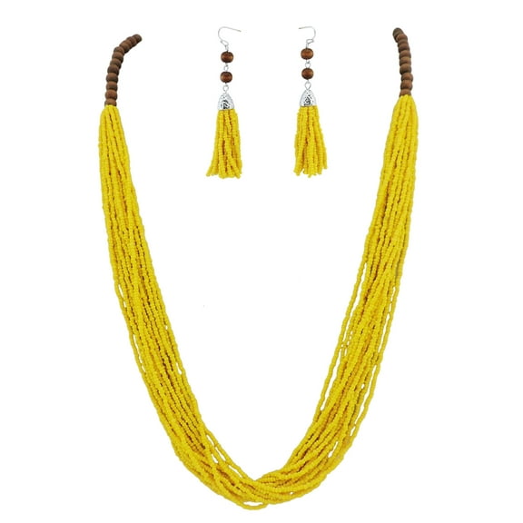 Bocar Long Multi Strand Handmade Beaded Statement Jewelry Set with Earrings, Yellow, 40 inches, Women (NK-10407-yellow-set)