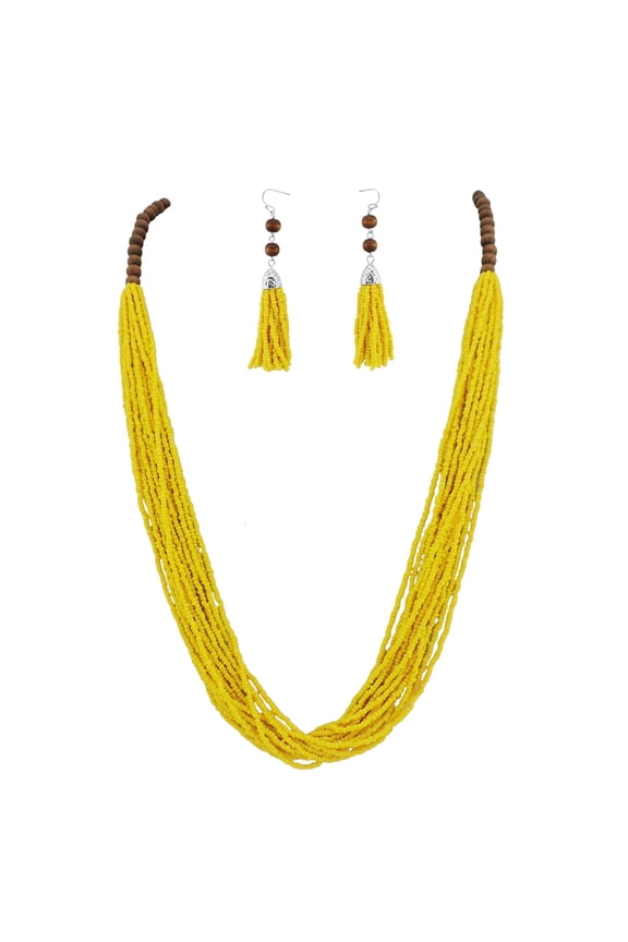 Long Multi Strand Handmade Beaded Statement Jewelry Set with Earrings, Yellow, 40 inches, Women (NK-10407-yellow-set)