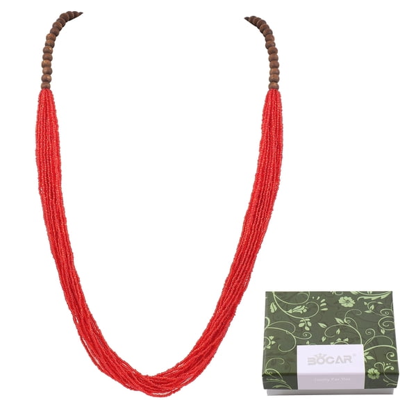 Bocar Long Multi Strand Handmade Beaded Statement Necklace with Gift Box,40 inches, Women (NK_10407_Red)