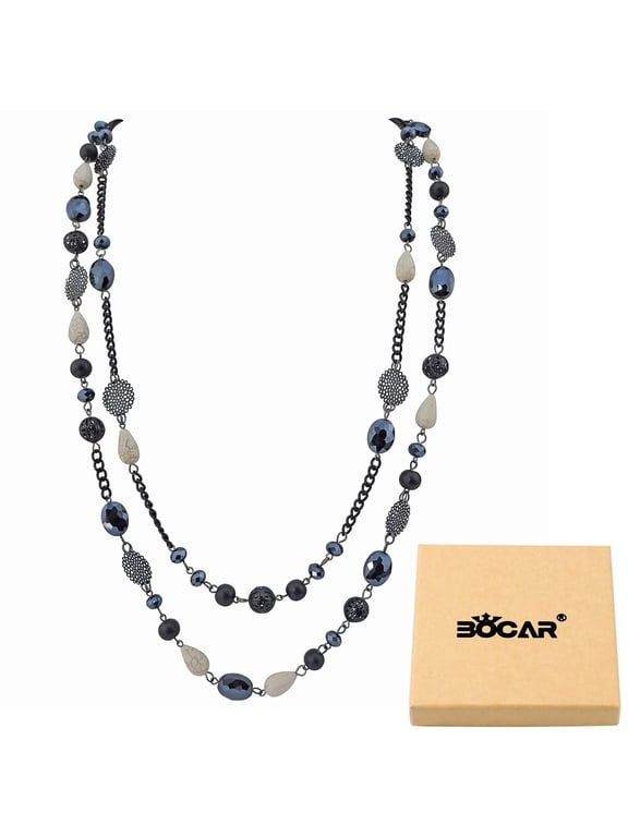 Long Statement Necklaces for Women Trendy, Boho Costume Jewelry Layered Crystal Beaded Collar Necklaces for Women (NK-10084-Pirate Black)