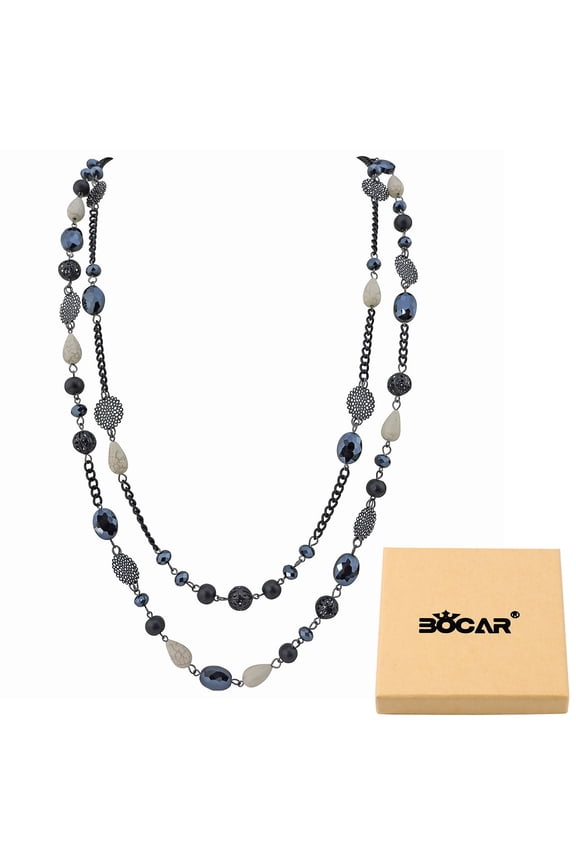 Long Statement Necklaces for Women Trendy, Boho Costume Jewelry Layered Crystal Beaded Collar Necklaces for Women (NK-10084-Pirate Black)