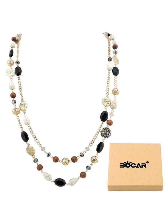 Long Statement Necklaces for Women Trendy, Boho Costume Jewelry Layered Crystal Beaded Collar Necklaces for Women (NK-10084-Black)
