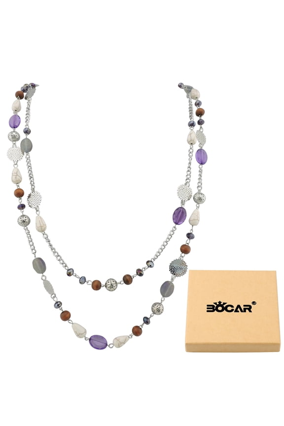 Long Statement Necklaces for Women Trendy, Boho Costume Jewelry Layered Crystal Beaded Collar Necklaces for Women （NK-10084-purple）