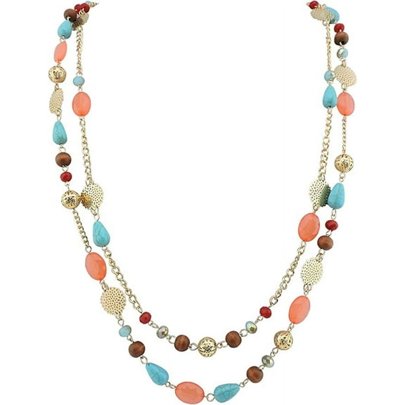 Bocar Long Statement 2-Strand Bead Boho Necklace with Chain for Women,37.8inch, Coral
