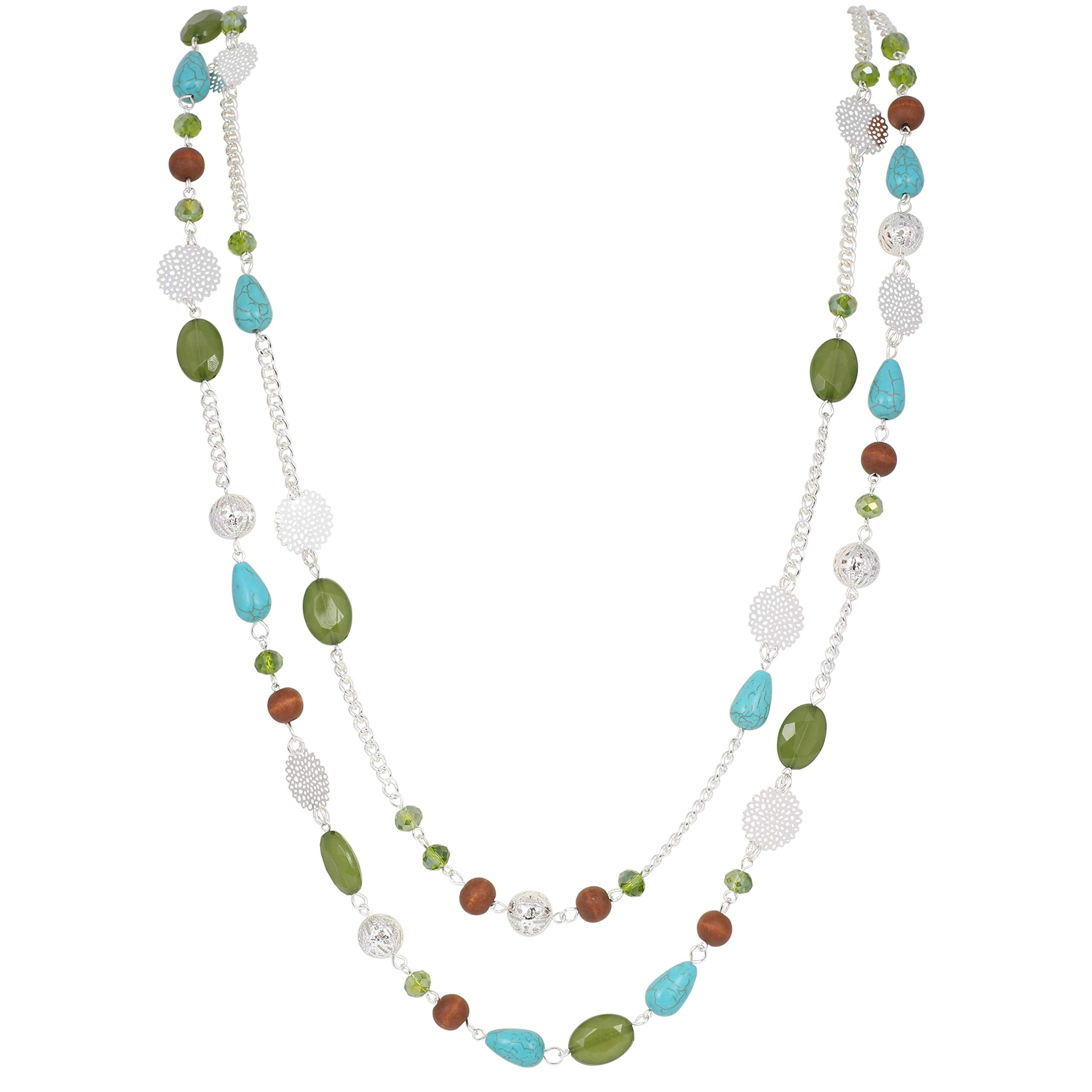 Bocar Long Statement 2-Strand Bead Boho Necklace with Chain for Women,37.8inch, Forest Green