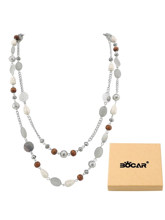 Long Statement Necklaces for Women Trendy, Boho Costume Jewelry Layered Crystal Beaded Collar Necklaces for Women (NK-10084-grey)