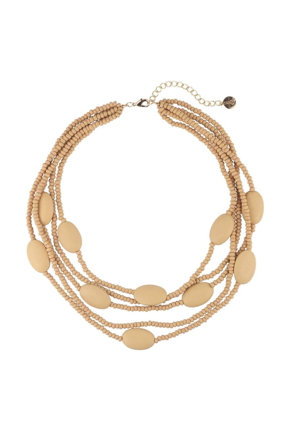 Multi Color 5 Layers Wood Beads Strand Statement Necklace for Women Chunky Collar (N0019_Beige)