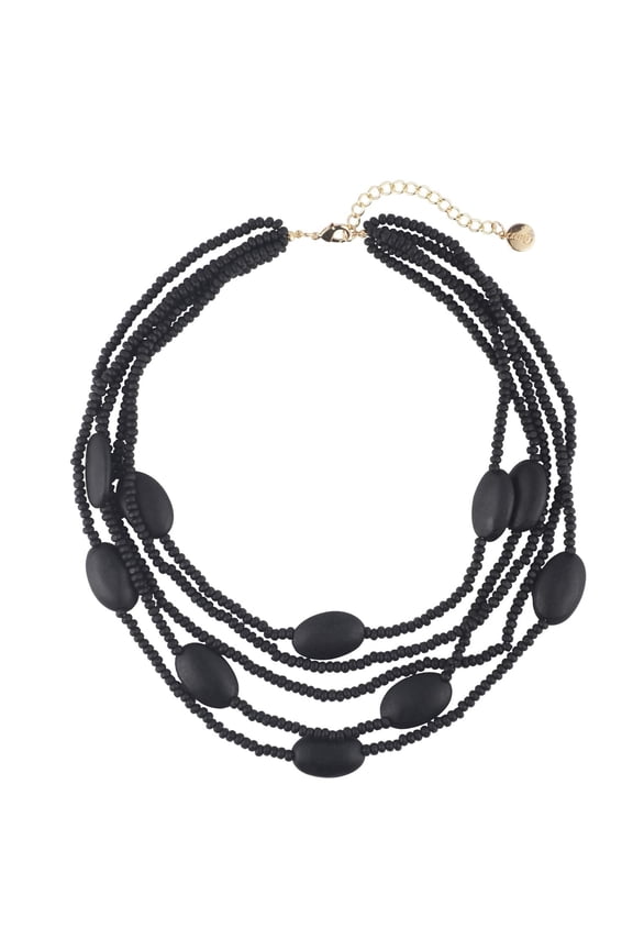Multi Color 5 Layers Wood Beads Strand Statement Necklace for Women Chunky Collar (N0019_Black)