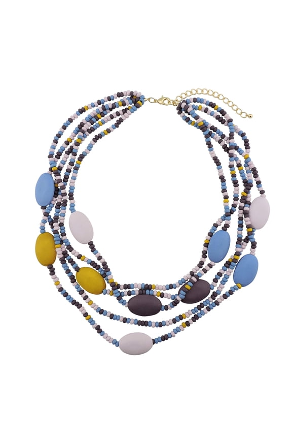 Multi Color 5 Layers Wood Beads Strand Statement Necklace for Women Chunky Collar (N0019_Blue_Mix)
