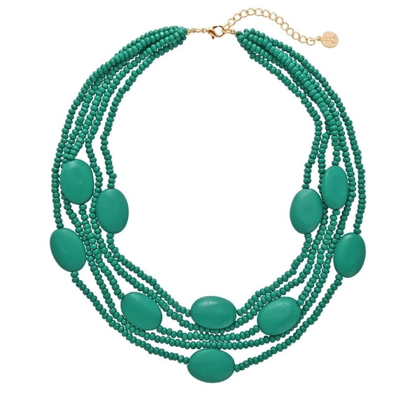 Bocar Multi Color 5 Layers Wood Beads Strand Statement Necklace for Women Chunky Collar (N0019_Teal_Green)