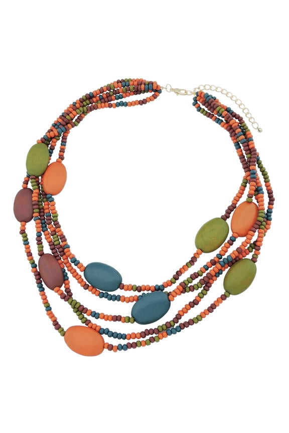 Multi Color 5 Layers Wood Beads Strand Statement Necklace for Women Chunky Collar (N0019)