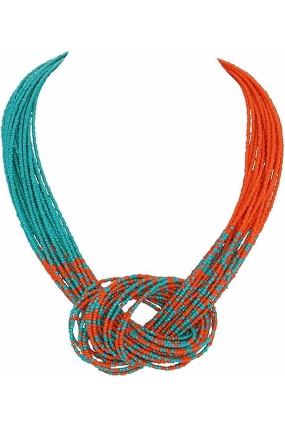 Multi Layer Seed Beads Chunky Bib Statement Cluster Collar Necklace for Women Gift, 19inch (NK_10316_Teal_Orange)