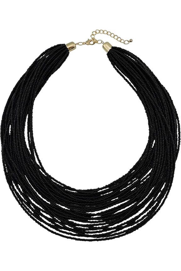 Multi Layer Chunky Bib Statement Seed Beads Cluster Collar Necklace for Women Gift (NK-10351-Black)