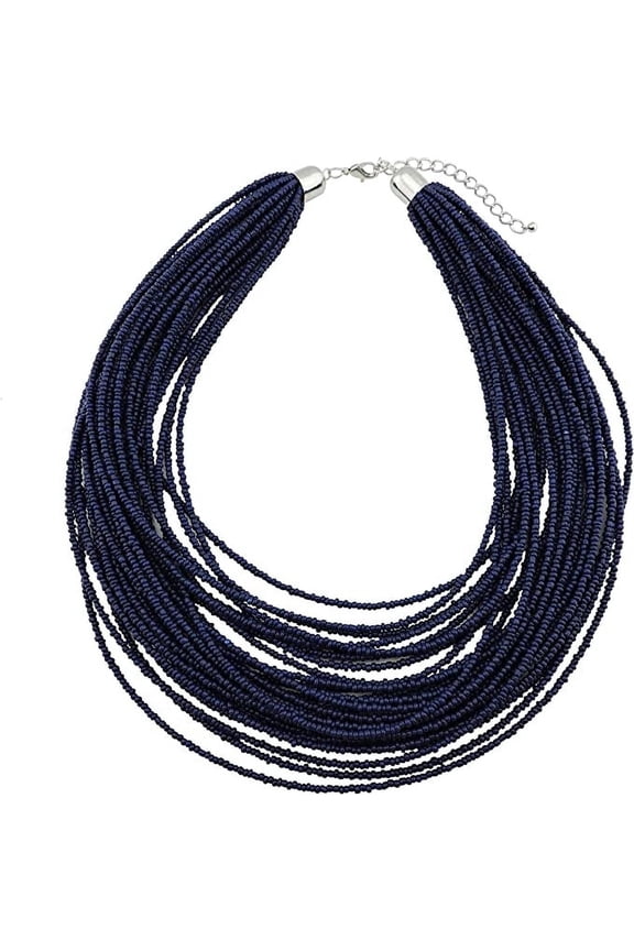 Multi Layer Seed Beads Chunky Bib Statement Cluster Collar Necklace for Women Gift, 19inch (NK-10351-Navy Blue)