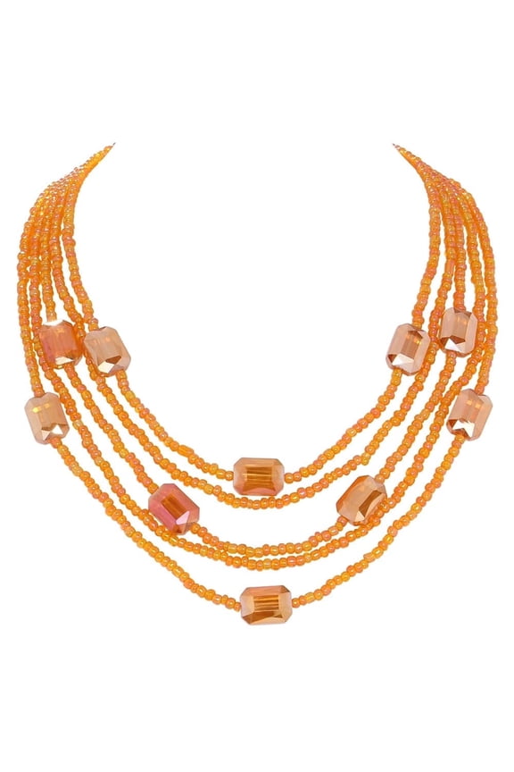 Multi Seed Bead Strand Necklace Multilayer Chunky Bib Statement Rice Beads Collar Necklace for Women(N0108-Orange Rectangle)