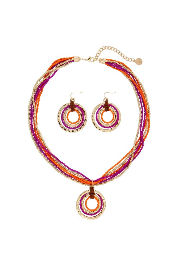 Multi Strand Seed Beaded Necklace with Circle Pendant Chunky Bib Statement Beads Cluster Collar Necklace Set for Women(N0103)