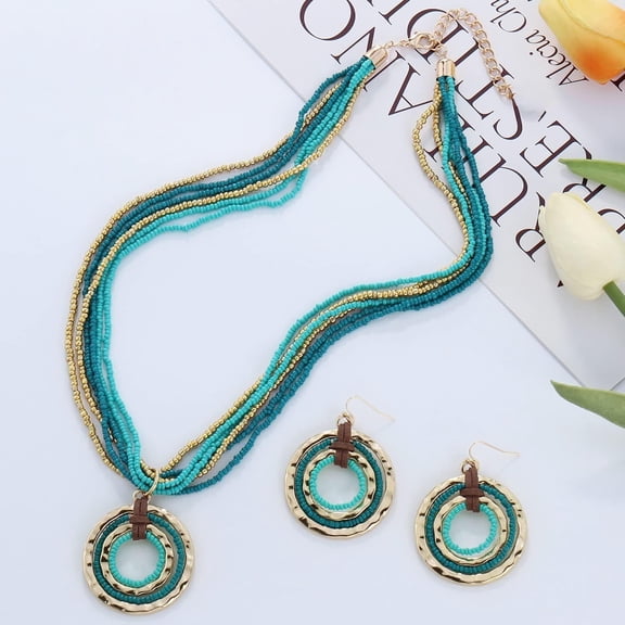 Bocar Multi Strand Seed Beaded Necklace with Circle Pendant Chunky Bib Statement Beads Cluster Collar Necklace Set for Women