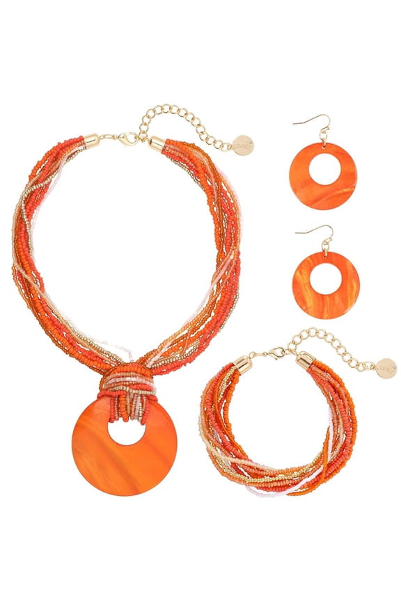 Multi Strand Statement Colorful Beaded Necklace with Big Circle Shell Pendant for Women(N0055_Orange)