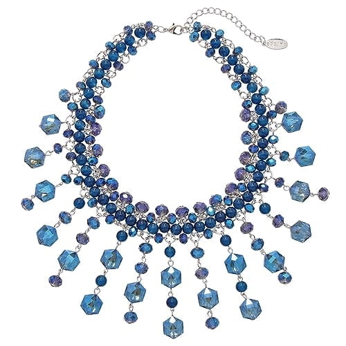 Bocar Statement Chunky Crystal Beds Pendant Necklace Collar Costume Bib Necklaces for Women Party Prom (NK_10706_Navy_Blue)