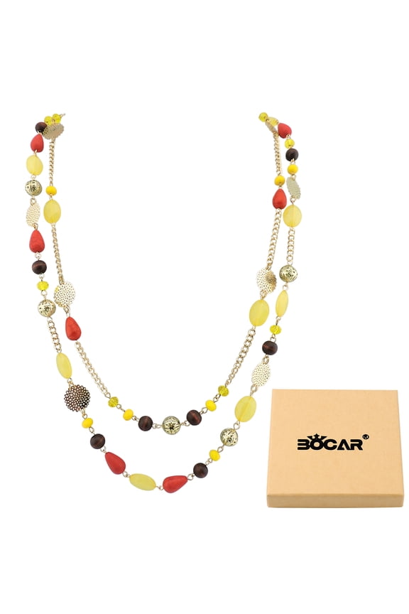 Long Statement Necklaces for Women Trendy, Boho Costume Jewelry Layered Crystal Beaded Collar Necklaces for Women (NK-10084-yellow)