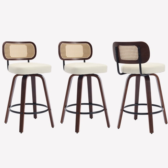 Bocarali 26 in. Swivel Counter Height Bar Stools Set of 3, Faux Leather Upholstered Bar Chairs with Rattan Back, Mid-Century Modern Counter Stools with Walnut Bentwood Leg for Kitchen Island, Beige