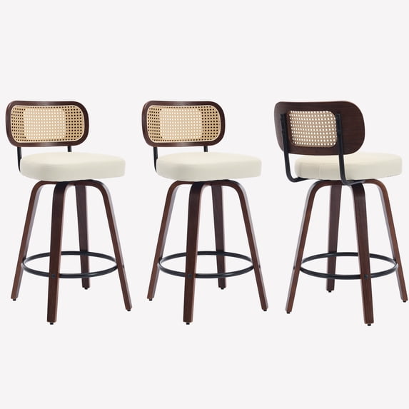 Bocarali 26 in. Swivel Counter Height Bar Stools Set of 3, Faux Leather Upholstered Bar Chairs with Rattan Back, Mid-Century Modern Counter Stools with Walnut Bentwood Leg for Kitchen Island, Beige