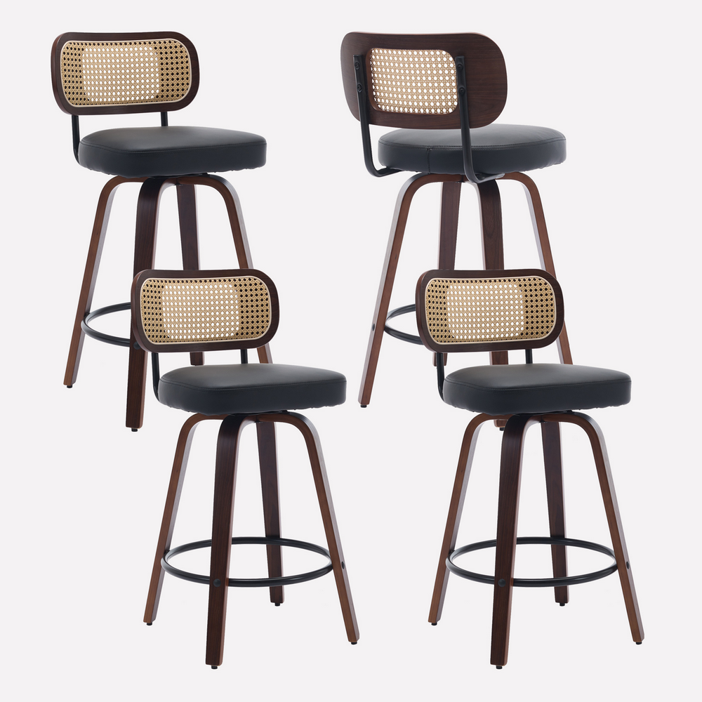 Bocarali 26 in. Swivel Counter Height Bar Stools Set of 4, Faux Leather Upholstered Bar Chairs with Rattan Back, Mid-Century Modern Counter Stools with Walnut Bentwood Leg for Kitchen Island, Black