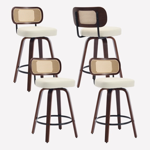 Bocarali 26 in. Swivel Counter Height Bar Stools Set of 4, Faux Leather Upholstered Bar Chairs with Rattan Back, Mid-Century Modern Counter Stools with Walnut Bentwood Leg for Kitchen Island, Beige