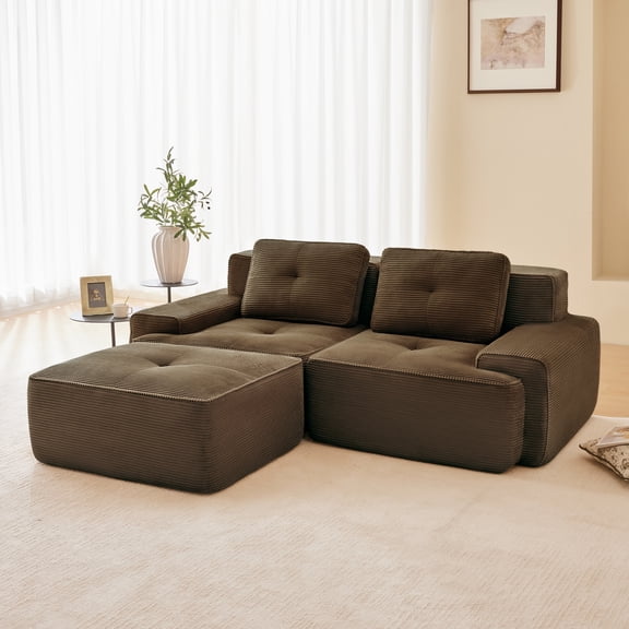 Bocarali Boneless Couch Modular Sectional Sofa 82" Loveseat, Corduroy L Shaped Sectional Couches for Living Room, Tufted Floor Sofa with Anti-Slip, No Assembly, Brown