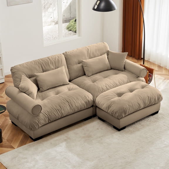 Bocarali Home L-Shaped Velvet Deep Seat and Modern Sectional Sofas with Removable Ottoman and 2 Pillows, Camel